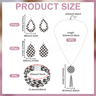 Tartan Teardrop PU Leather Pendant Necklaces & Bracelets & Dangle Earrings Sets SJEW-WH0007-07B-1