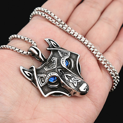 304 Stainless Steel Rhinestone Viking Wolf Head Pendant Necklaces FS-WGCFA8E-01-1