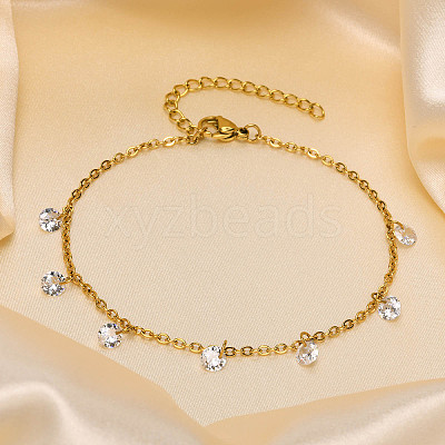 304 Stainless Steel Cable Chain with Flat Round Cubic Zirconia Charm Anklets WG525D3-02-1