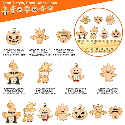 14Pcs 7 Styles Halloween Theme Rack Plating Luminous Alloy Enamel Pendants ENAM-FS0002-10G-1