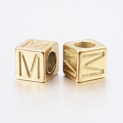 304 Stainless Steel Large Hole Letter European Beads X-STAS-H428-01G-M-1