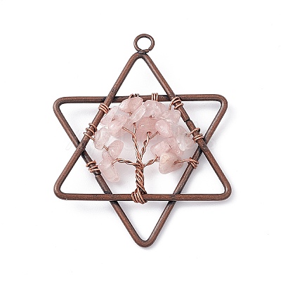 Pentagram Natural Rose Quartz Copper Wire Wrapped Chip Big Pendants G-E195-10R-01-1