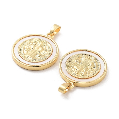 Rack Plating Brass Pave Shell Flat Round Pendants X-KK-C063-17G-1