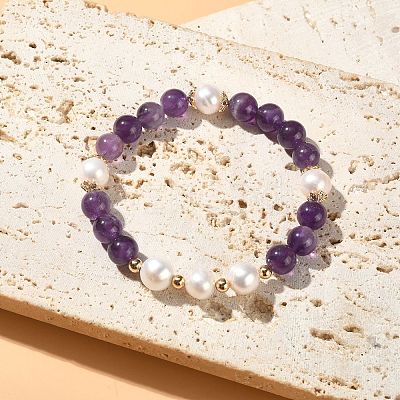 Natural Amethyst & Pearl Beaded Stretch Bracelet for Women BJEW-JB09384-03-1