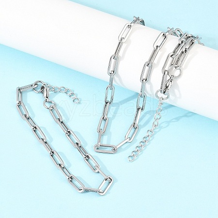 304 Stainless Steel Link Paperclip Chain Bracelet & Necklace Jewelry Sets SJEW-L199-05P-1