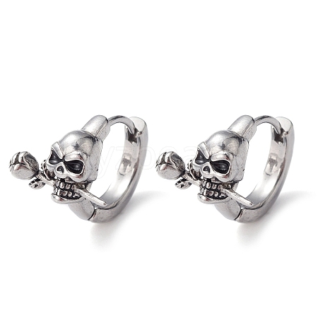 316 Stainless Steel Skull with Rose Hoop Earrings for Men Women EJEW-C045-01-1