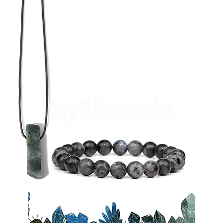 Natural Labradorite Beads Stretch Bracelets & Pendant Necklaces Sets for Men PW-WGF85DB-08-1