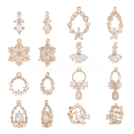 CHGCRAFT 16Pcs 8 Style Brass Micro Pave Clear Cubic Zirconia Pendants KK-CA0003-55-1