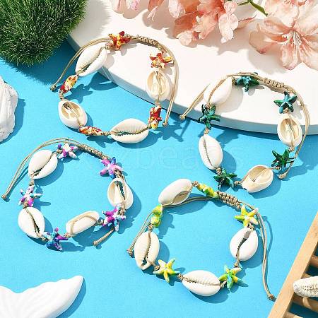 4Pcs 4 Colors Natural Cowrie Shell & Synthetic Turquoise Braided Nylon Bracelets for Women BJEW-JB11535-1