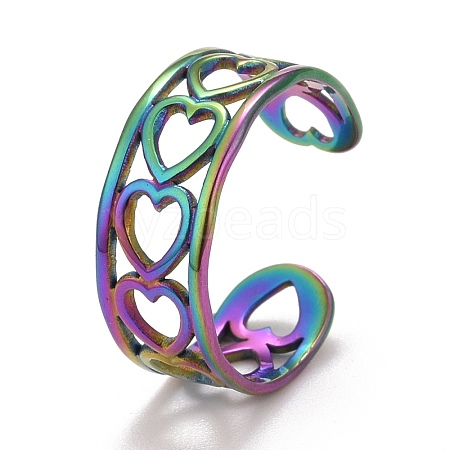 Rainbow Color Ion Plating(IP) 304 Stainless Steel Heart Wrap Open Cuff Ring for Women RJEW-A005-09-1