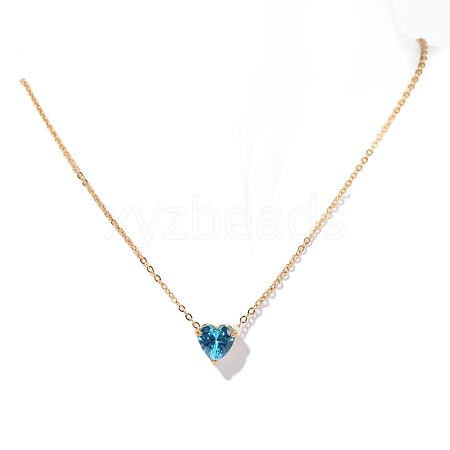 Stainless Steel Pave Cubic Zirconia Heart Pendant Cable Chain Necklaces for Women PW-WG05D07-03-1