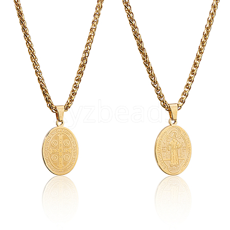 2Pcs Stainless Steel Saint Benedict Oval Medal Pendant Wheat Chain Necklaces NJEW-DC0001-20G-1