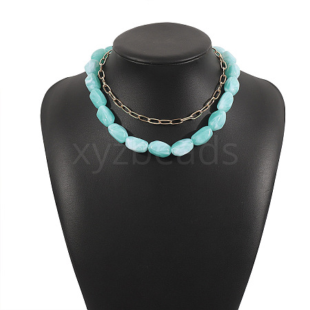 Opaque Resin Oval Beaded Alloy Paperclip Chain Double Layer Necklaces FS-WG06472-02-1