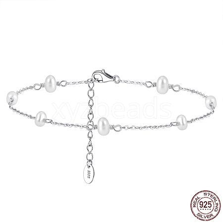 Rhodium Plated 925 Sterling Silver Cable Chain Anklet with Oval Natural Freshwater Pearls for Women AJEW-F162-003P-1