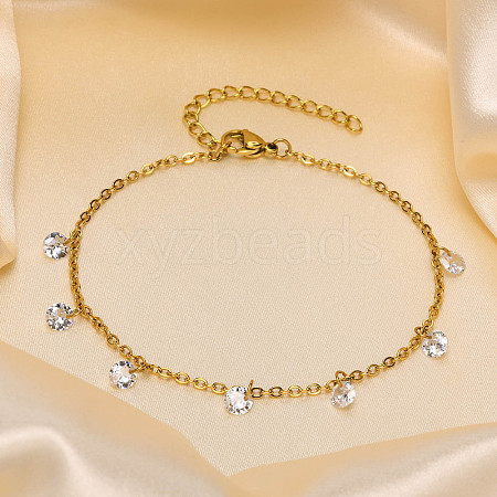 304 Stainless Steel Cable Chain with Flat Round Cubic Zirconia Charm Anklets WG525D3-02-1