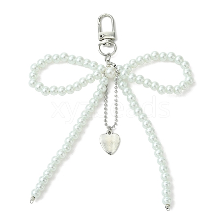 Bowknot Plastic Pearl with Heart Alloy Pendant Decorations HJEW-JM02736-1