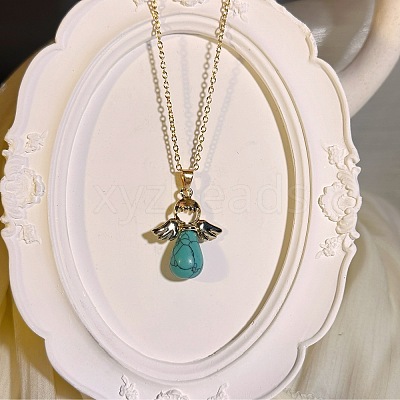 European Synthetic Turquoise with Alloy Wings Angel Pendant Necklaces for Women WH2548-3-1