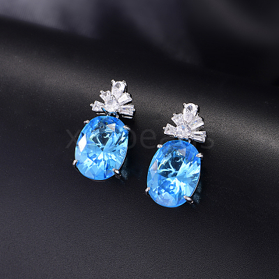 Brass Pave Cubic Zirconia Oval with Flower Stud Dangle Earrings for Women OA6190-2-1