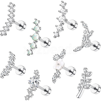 8Pcs 8 Styles Brass Micro Pave Clear Cubic Zirconia and Acrylic Cartilage Earrings WG69006-02-1