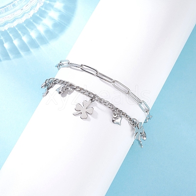 304 Stainless Steel Paperclip & Figaro Chain Bracelets for Women BJEW-JB12445-03-1