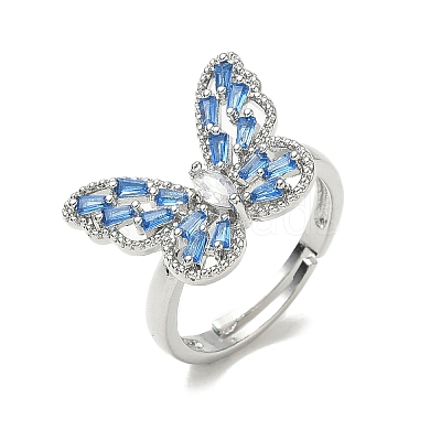 Adjustable Brass Butterfly Finger Rings with Light Blue Cubic Zirconia CU-CBA7E55-18P-02-1