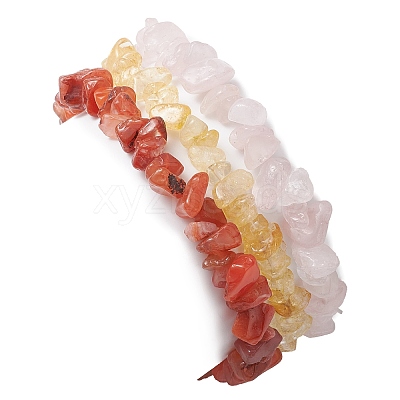 3Pcs 3 Styles Natural Rose Quartz & Citrine & Red Agate Chips Stretch Bracelets Sets BJEW-JB11076-03-1