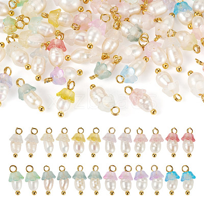 48Pcs 12 Styles Acrylic & Natural Pearl Flower Pendants PALLOY-CW00007-1