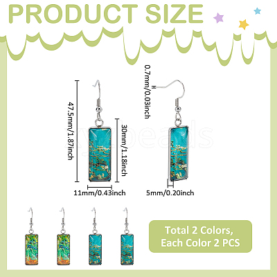2 Pairs 2 Colors Glass Rectangle with Leaf Dangle Earring EJEW-FI0001-16-1