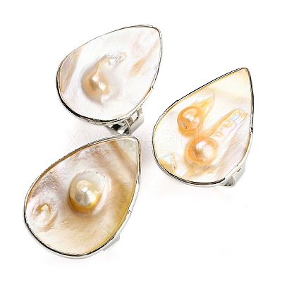 Freshwater Shell with Pearl Adjustable Finger Rings for Girl Women AJEW-Z010-03C-P-1
