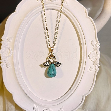 European Synthetic Turquoise with Alloy Wings Angel Pendant Necklaces for Women WH2548-3-1