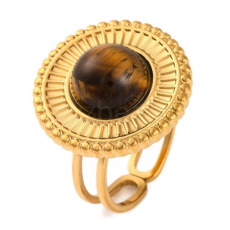 Flat Round Natural Tiger Eye Finger Rings RJEW-Q822-02G-03-1