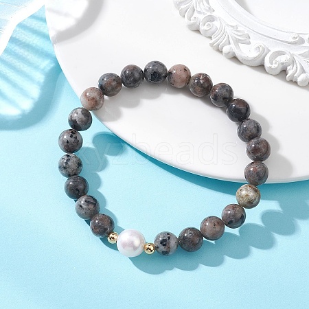 Natural Syenite & Cultured Freshwater Pearl Round Beaded Stretch Bracelets for Women BJEW-JB13321-01-1
