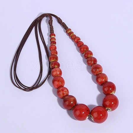 Ethnic Style Porcelain Round Graduated Beaded Waxed Cord Necklaces for Women FS-WG62C5E-01-1