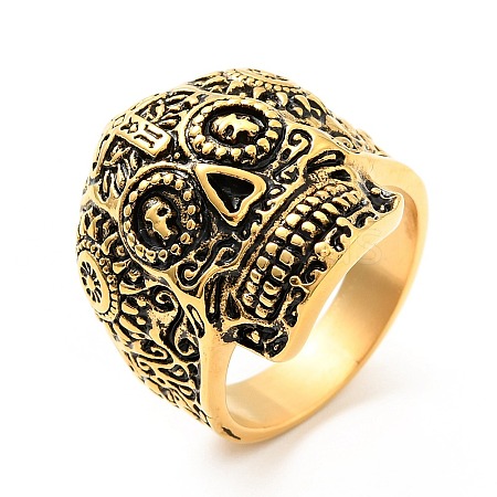 316 Stainless Steel Skull with Cross Finger Ring RJEW-C030-02G-AG-1