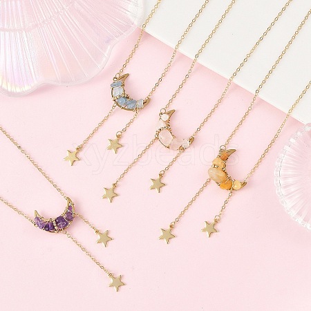 4Pcs 4 Styles Natural Aquamarine & Rose Quartz & Topaz Jade & Amethyst Chip Beads Moon Pendant Brass Cable Chain Necklaces for Women NJEW-TA00257-1