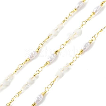 Brass Glass Bead Link Chains with ABS Imitation Pearl Beads CHS-P016-39G-04-1