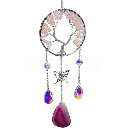 Wire Wrapped Natural Rose Quartz Chips Tree of Life Hanging Ornaments PW-WGF337A-01-1