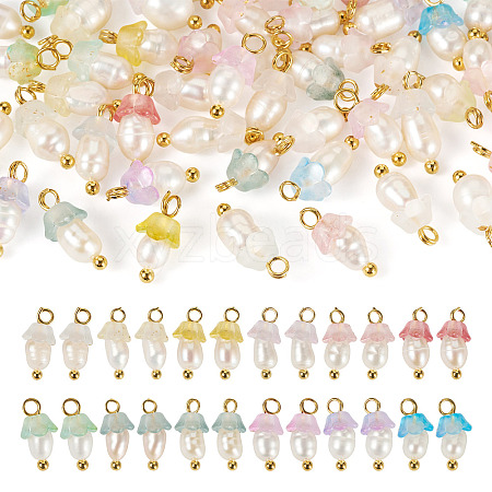 48Pcs 12 Styles Acrylic & Natural Pearl Flower Pendants PALLOY-CW00007-1