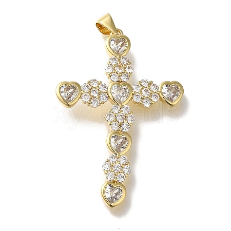 Cross Rack Plating Brass Micro Pave Clear Cubic Zirconia Pendant KK-U019-17G-02-1