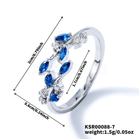 Exquisite Brass Cubic Zirconia Willow Leaf Cuff Rings for Women UN6923-7-1