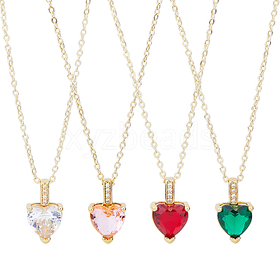 4Pcs 4 Colors Brass Micro Pave Cubic Zirconia Heart Pendant Necklaces Set NJEW-FI0001-58-1