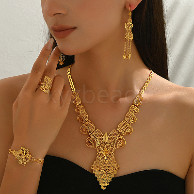 Alloy Hollow Flower Bracelets & Earrings & Necklaces & Rings Sets for Women IK7377-1