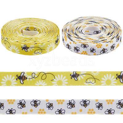2 Rolls 2 Styles Polyester Bees Printed Grosgrain Ribbons SRIB-CY0001-10-1