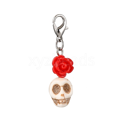 Skull Synthetic Turquoise & Resin Rose Pendant Decorations HJEW-JM03998-1