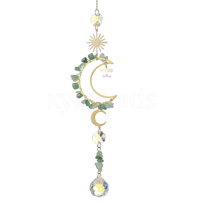 Natural Green Aventurine & Star Glass Beaded Suncatcher with Brass Sun Moon Charm HJEW-JM05016-04-1