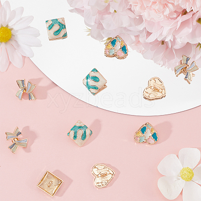 12pcs 3 Style Bowknot/Heart/Square 1-Hole Alloy Enamel Shank Buttons BUTT-GF0003-81-1
