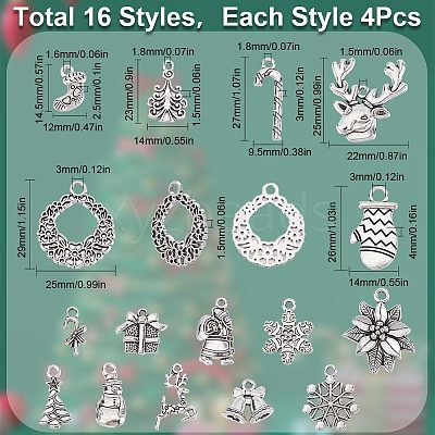 64Pcs 16 Style Tibetan Style Alloy Pendants FIND-SC0004-76-1
