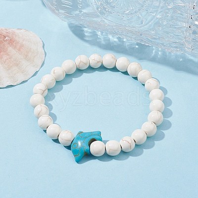 Natural Howlite & Synthetic Turquoise Dolphin Beaded Stretch Bracelets BJEW-JB09826-02-1