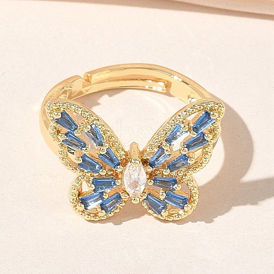 Adjustable Brass Butterfly Finger Rings with Light Blue Cubic Zirconia CU-CBA7E55-18G-02-1