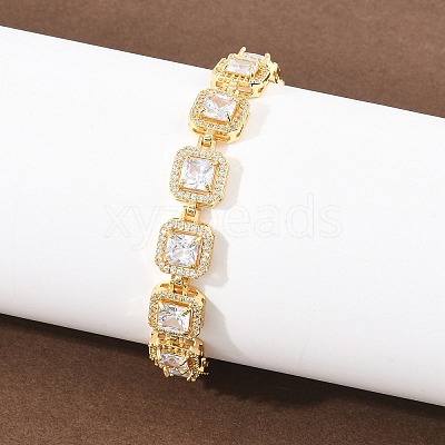 Square Brass Micro Pave Clear Cubic Zirconia and Glass Link Chain Bracelets BJEW-T025-04G-03-1